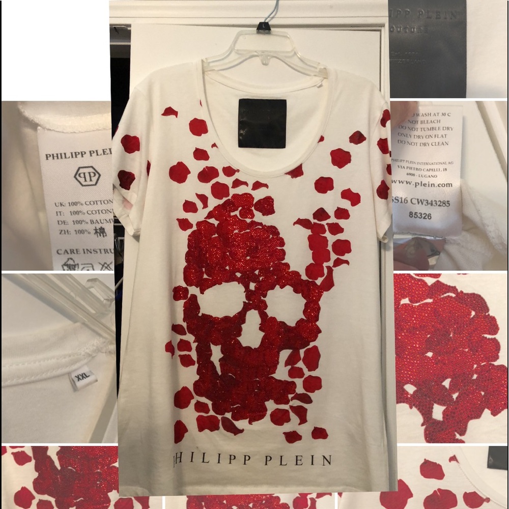 Philipp Plein White and Red Skull Tee